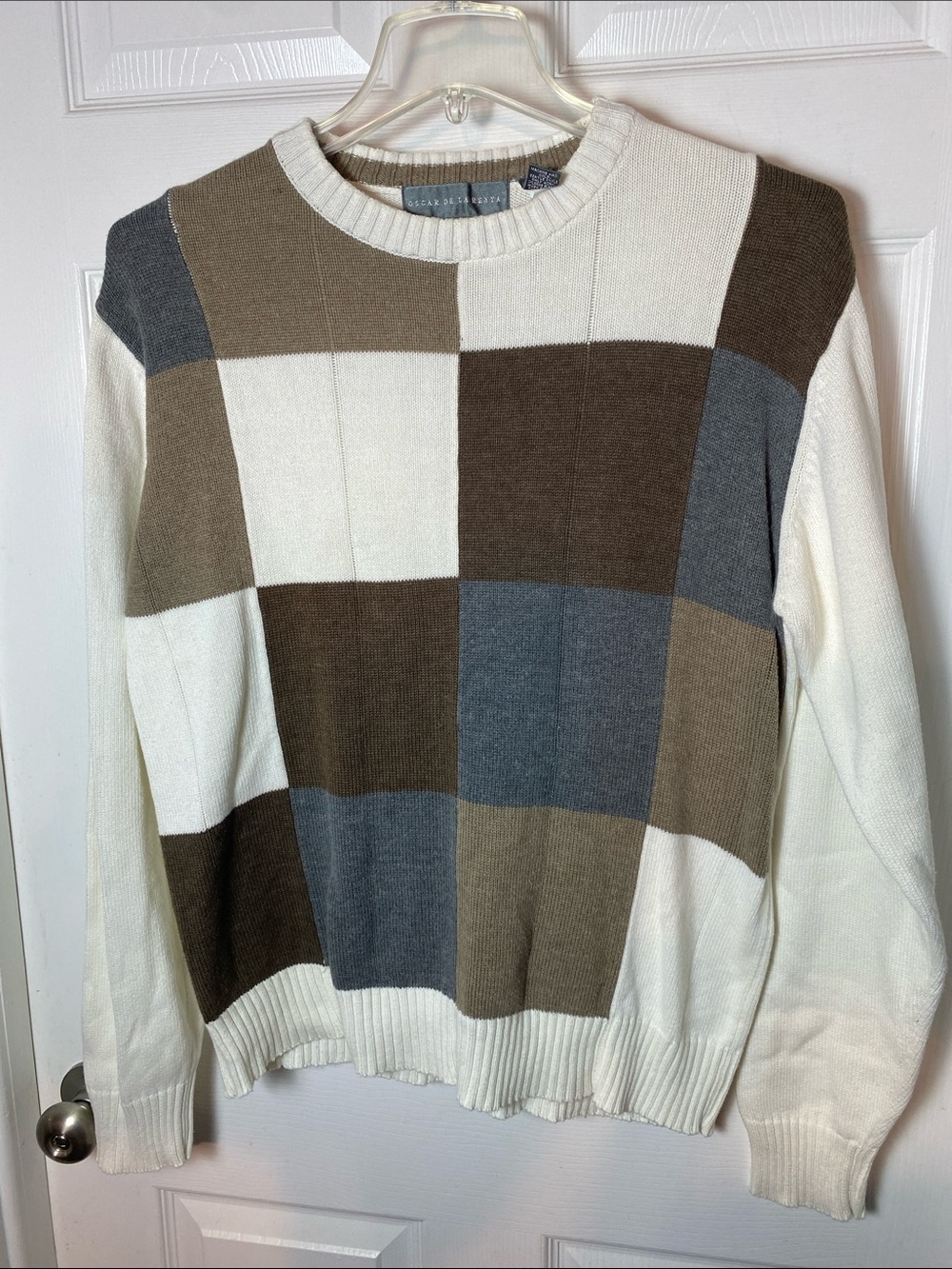 Oscar de la Renta Cream, Brown & Gray Check Crewneck Sweater